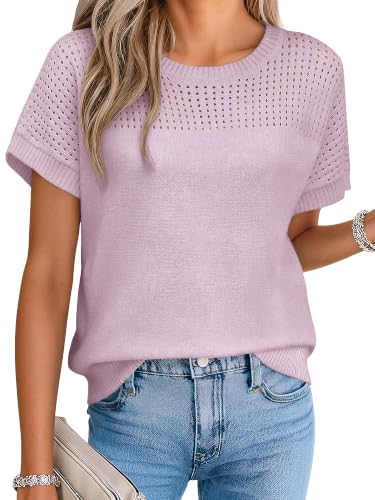 Anbech Crochet Tops for Women Short Sleeve Knit Sweater Pullover Shirt Hollow Out Lightweight Summer Beach Vest Outfits Purple