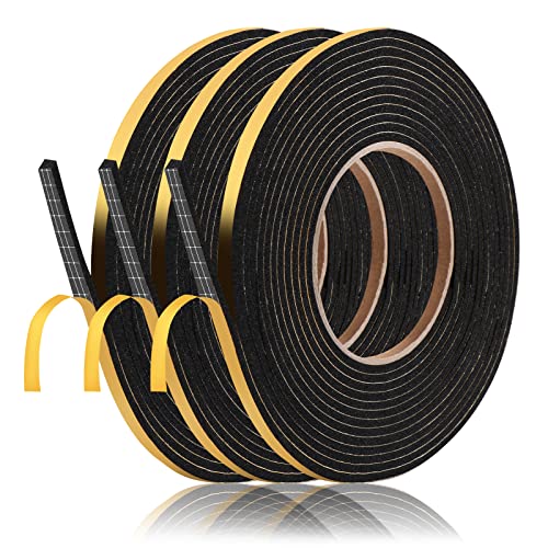 Diboniur Joint Fenetre Isolation 3 Rouleaux Joint Porte de Mousse Adhésive, Calfeutrage en Caoutchouc Isoler du Bruit et Anti-intempéries/Anti-froid, 6mm x 3mm x 5m, Noir(chacun 5m)