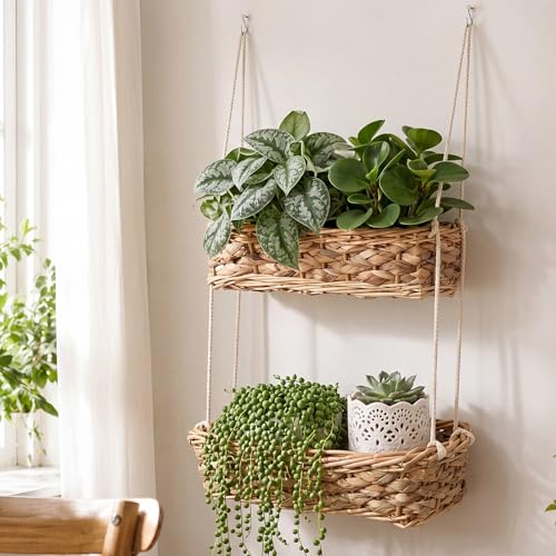 Image of Chumia Macrame Plant Baskets 2 Tier Hanging Plant Hanger with Adjustable Ropes Large Rattan Boho Double Hanging Planters Wall Mounted Storage Organizer for Indoor Plants Wall Home Decor
