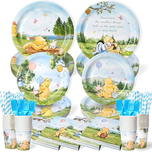 300 Pcs Winnie Bear Baby Shower Plates and Napkins Tableware Set, Plates Napkins Cups Straws and Forks Sets, Winnie Baby Shower Decorations Birthday Party Supplies, Serves 50 Guests