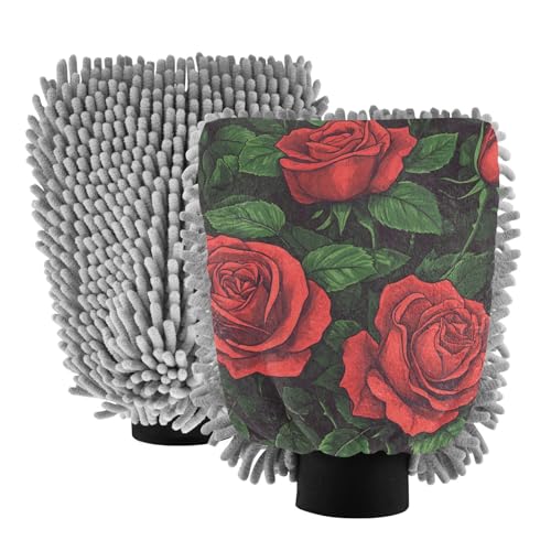 ALAZA Red Rose Flowers Car Wash Mitt Scratch Free, 2 Pack Absorbent Microfiber/Chenille Washing & Drying Mitts, M