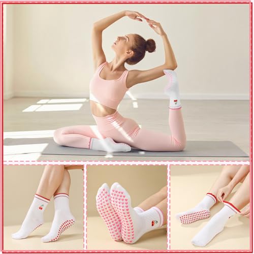 Image of Jspupifip 2 /4 /5 Pairs Cute Pilates Socks for Women Embroidery Non Slip Yoga Socks for Barre Workout Hospital