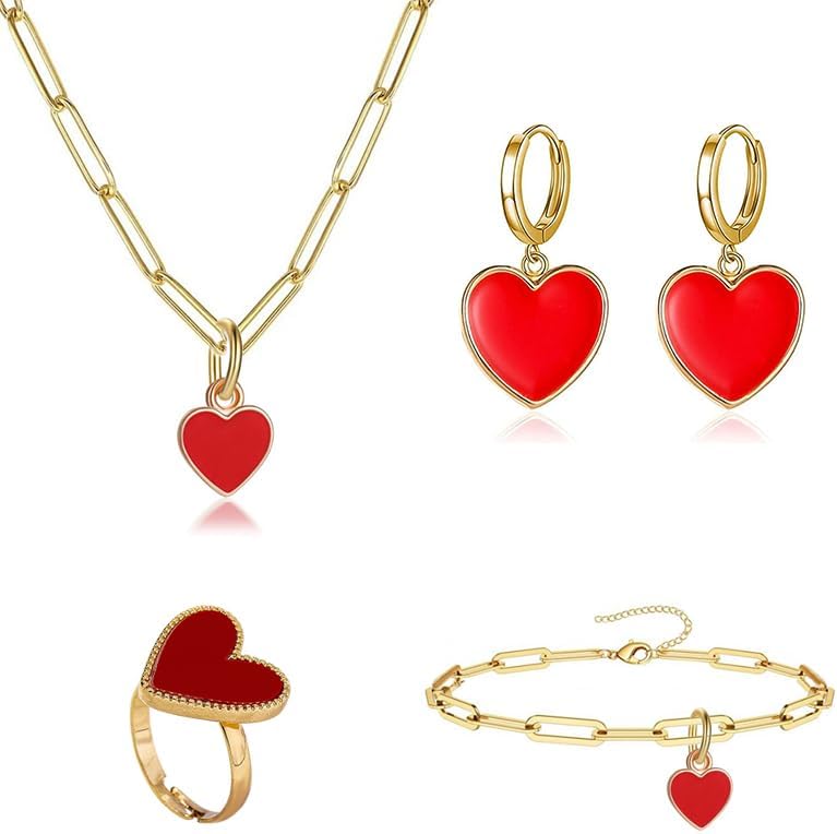 ONLYJUMP 5 Pairs Red Love Heart Earrings Necklace Bracelet and Ring Jewelry Set for Women Cute Crystal Heart Brooches red Enamel Trendy Simple Jewelry