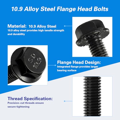 Image of M8 x 35mm Flanged Hex Head Bolts Flange Hexagon Screws, M8x1.25 Bolt, 10.9 Grade Alloy Steel, Hexagon Head Bolts, Black Zinc Finish, Full Thread, Quantity 10
