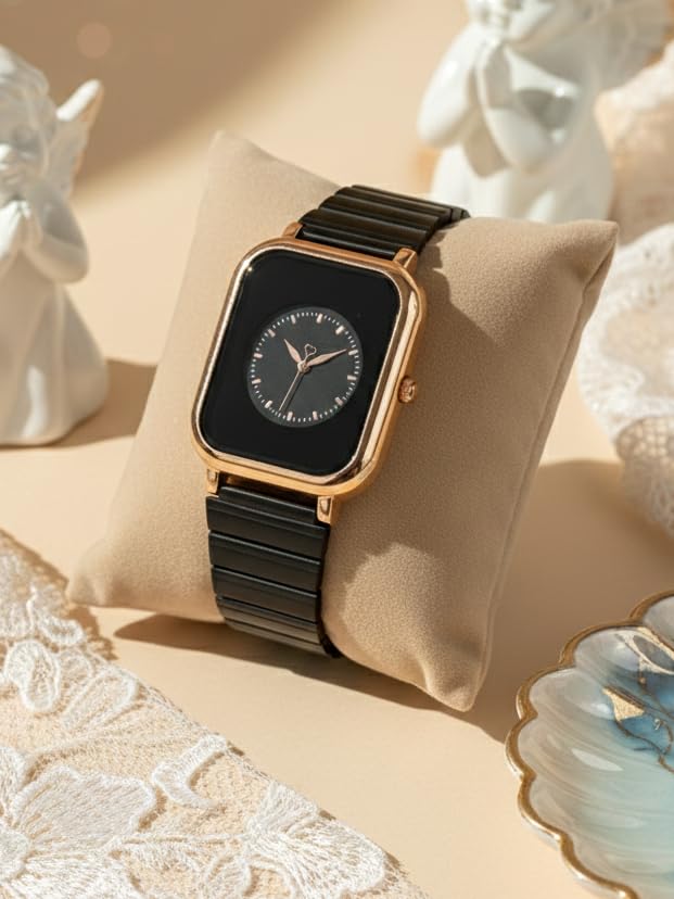 Image of Premium Rose Gold Square Analog Watch for Women & Girls | Stylish Stainless Steel Strap | Elegant Heart Second Hand | Trendy Ladies Wrist Watch under 500 | Square Case Design | Perfect for Casual | Affordable Fashion Watch for Girls