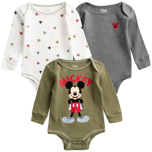 Disney Baby Boys' Mickey Mouse 3 Pack Bodysuit- Long Sleeve Thermal Bodysuit (Newborn), Size 0-3 Months, Mickey Olive/Charcoal