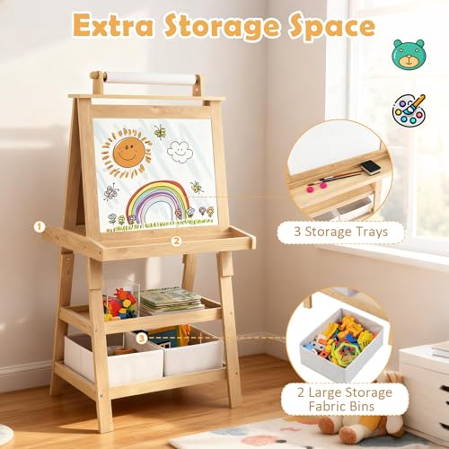 Costzon Kids Art Easel, 3 in 1 Double-Sided Painting Easel w/Magnetic Whiteboard, Chalkboard & Paper Roll, 2-Tier Storage Rack & 2 Boxes, Standing Easel for Kids, Toddlers, Boys, Girls (Natural)