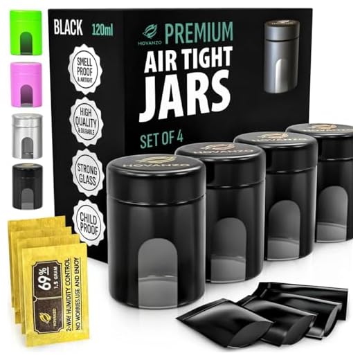 Premium Airtight Glass Storage Jars 120ml with 69% Humidity Control 4 Packs - UV Air Tight Jars with Child-Resistant Lid - Airtight Jar Container, Air Tight Storage,Storage Jars for Herb/Spice