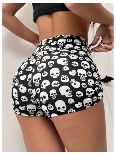 WDIRARA Women's Goth Skeleton Print High Waisted Shorts Ruched Workout Athletic Yoga Biker Shorts2