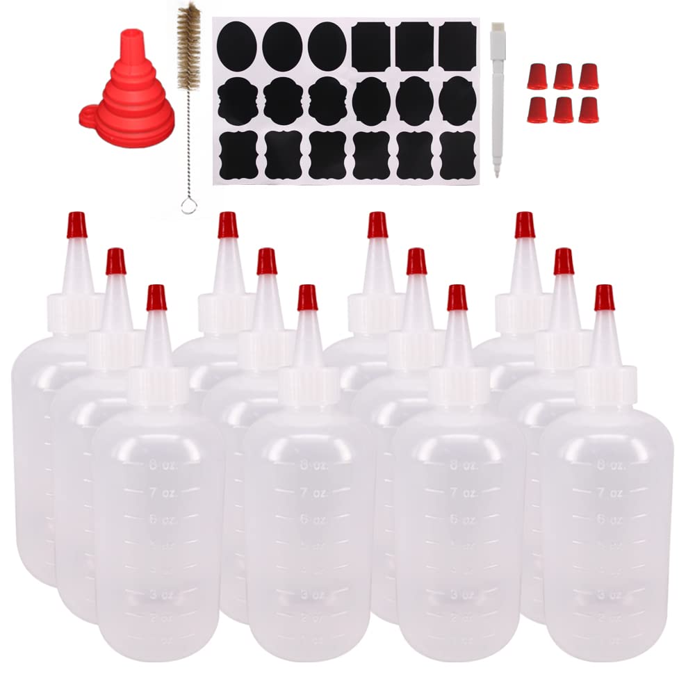 Belinlen 12 Pack 8-Ounce Plastic Squeeze Bottles with 12pcs Red Tip Caps and Measurement - Good for Crafts, Art, Glue, Multi Purpose Set of 12 with
