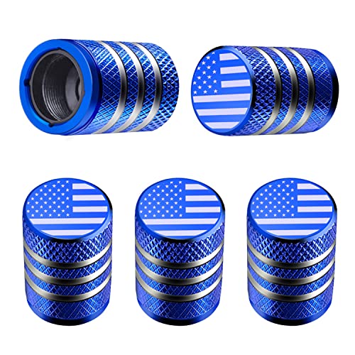 Tire Valve Stem Cap Cover - (5 Pack) Tire Air Cap Metal with Plastic Liner Corrosion Resistant Leak-Proof American Flag for Car Truck Motorcycle Bike Blue