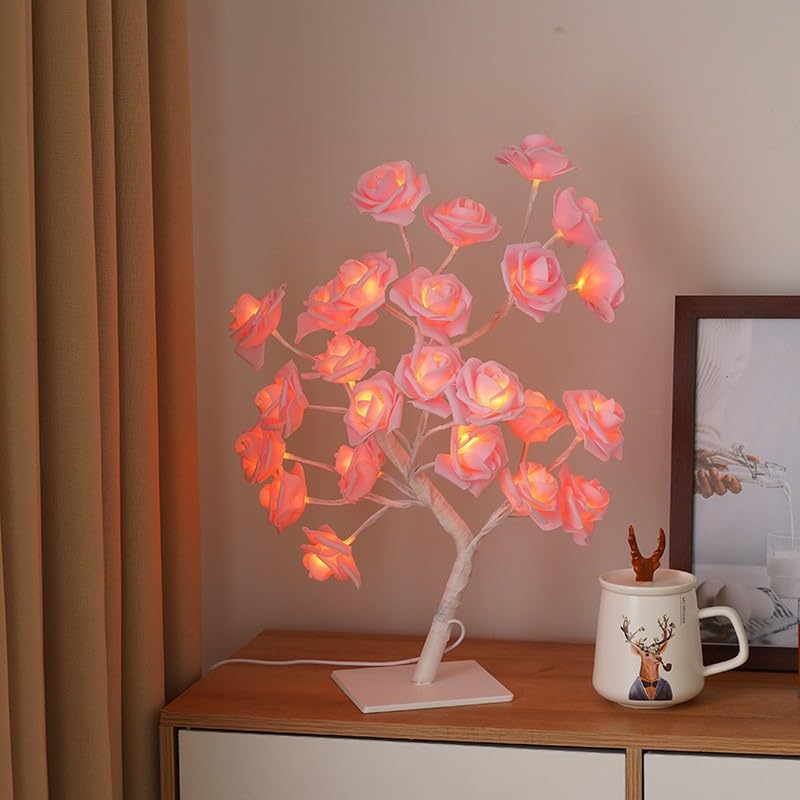 Image of Ulalaza Rose Tree Lighth with 24 LEDs USB Supply Warm Wire Bedside Light with Switch for Home Room Decor