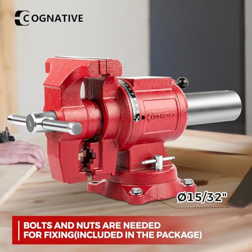 Image of Upgraded UPG 5-Inch Terminal Location Bench Vise with Ductile Iron Bench Vise 360 Multi-Purpose Bench Vice with Anvil and Positioning Pins, Clamp force 8800lbs, Red Swivel Vise