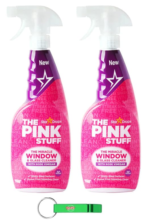 2 limpiadores de cristal The Pink Stuff con espray de vinagre de rosa/elimina la grasa y la suciedad de ventanas, espejos y otras superficies de cristal, 750 ml, incluye llavero Beni Culinari gratuito