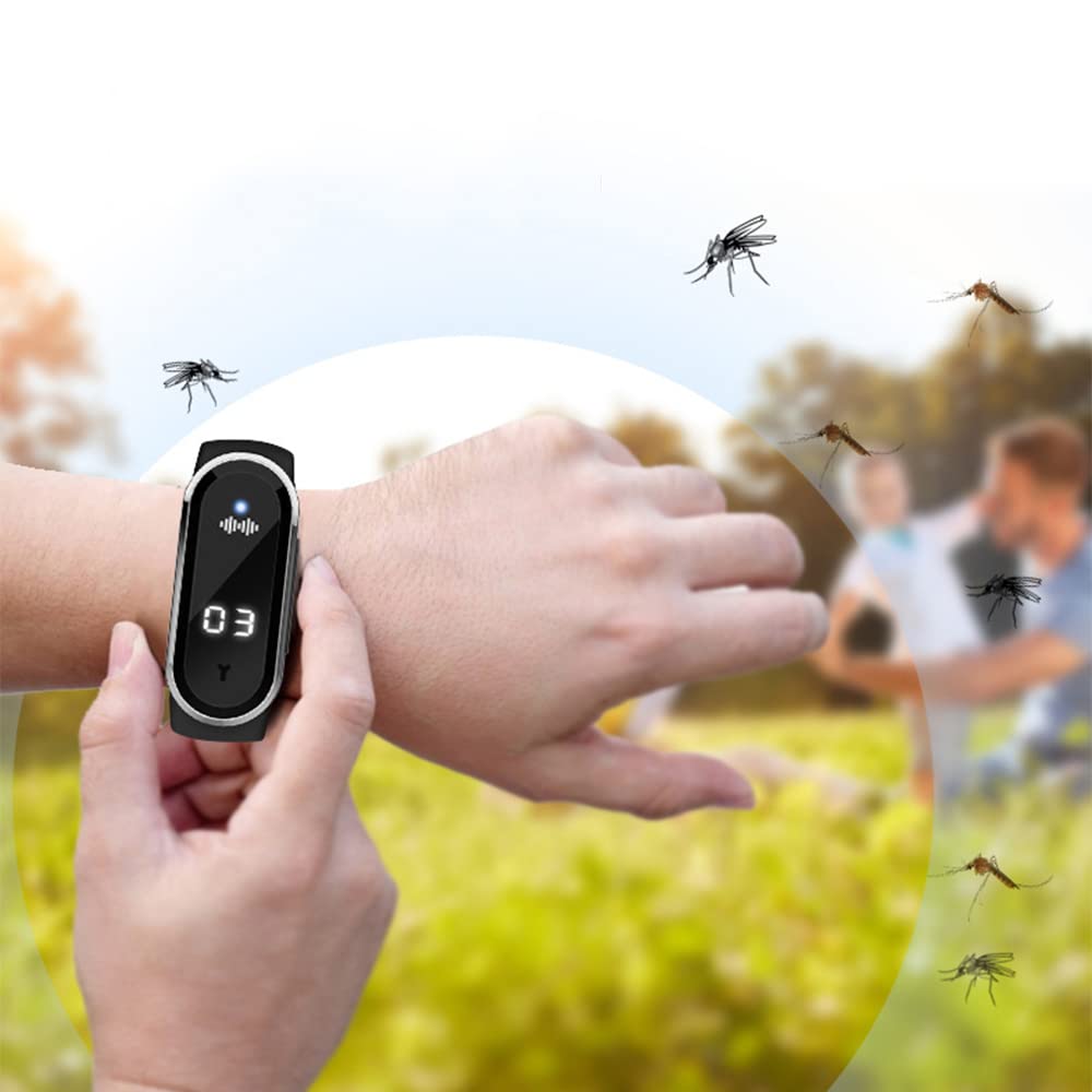 Pulsera repelente de mosquitos ultrasónica Pulsera deportiva repelente de mosquitos electrónica con carga USB Reloj repelente de insectos pantalla de reloj y detección de temperatura corporal (blanca)