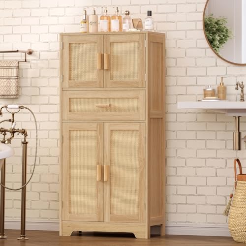 Image of TEENFON 47.2 inch H Tall Storage Cabinet with Adjustable Shelf, Rattan Cabinet, Cupboard for Living Room, Dining Room, Entryway, Home Office, Natural