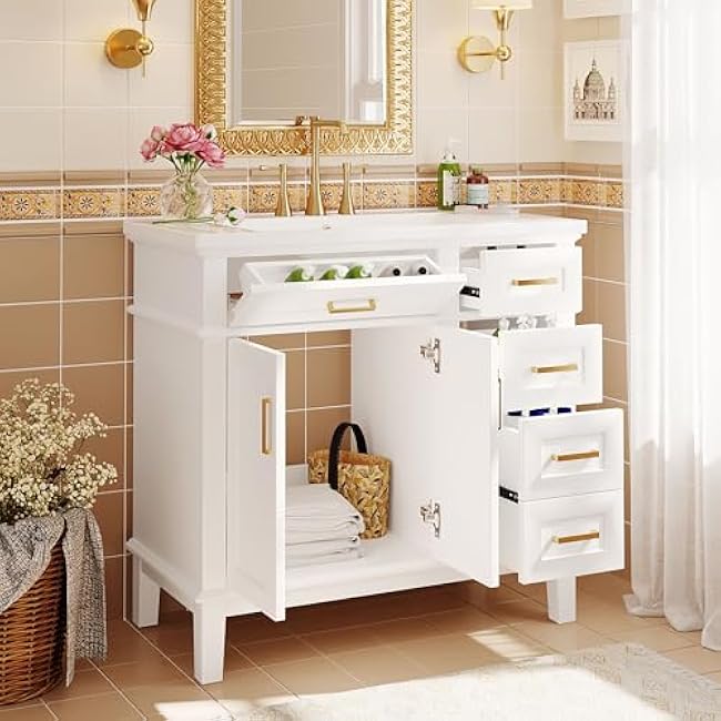 Modern 36 Bathroom Vanity with Sink, Wood Bathroom Vanities with 4 Drawers of Different Sizes, Soft-Closing Door, Open-Back Design, Metal Handles (White-39N)