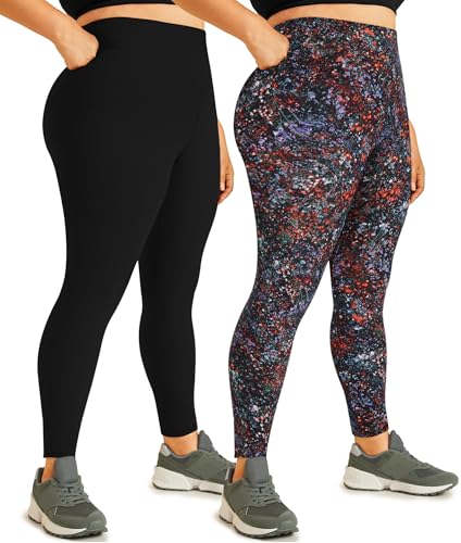 Hi Clasmix Plus Size Leggings for Women Black Floral 4X-Large-2 Pack High Waisted Tummy Control Soft Maternity Athletic Casual Yoga Pants for Curvy Women