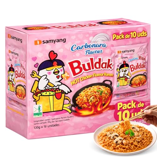Ramen con fideos salteados con pollo picante Samyang Buldak, Hot Chicken Ramen Carbonara, Hot chicken ramen instantáneo muy rico y picante, Sabor a carbonara, Pack 10 paquetes de 130g cada uno