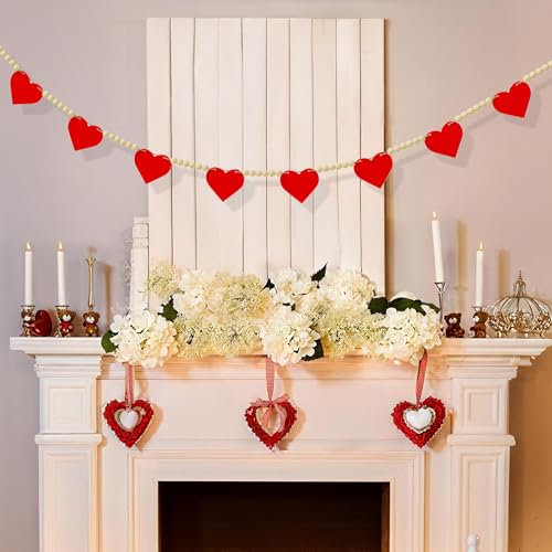 Image of Valentines Garland Decorations Banner, Pre-Assembled Wooden Hearts with Wooden Bead Garland for Valentines Day Decor, Hanging Banner for Mantel Home Fireplace Wall Party Decor