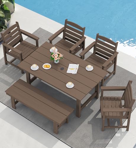 Image of SERWALL 6 Pcs HDPE Dining Set, Includes 1 Table, 1 Bench & 4 Chairs, Coffee | Outdoor Dining Set with Bench, All-Weather Resistant SERWALL Dining Set for patio