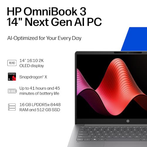Image of HP OmniBook 3 14 inch Next Gen AI PC, 2K Display, Snapdragon X X1-26-100, 16 GB RAM, 512 GB SSD, Qualcomm Adreno GPU, Windows 11 Home, Nouvelle Silver, 14-hz0388nr