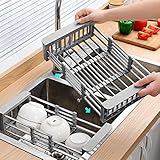 PEAKXCAN Retractable Stainless Steel Kitchen Dish Drying Rack, Sink Draining Basket, Fruit and Dish