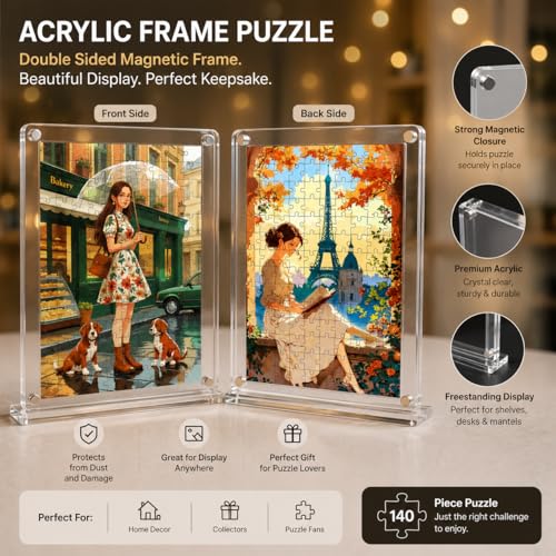 Image of Mini Leaves Parisian Stroll Acrylic Frame Jigsaw Puzzle 140 Pieces | Cafe Street Desk Decor with Display Frame | Premium Gift for Art & Puzzle Lovers