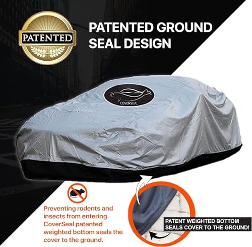 Image of Heavy Duty Outdoor Car Cover with Patented Weighted Ground Conforming Apron Seal - Wind Resistant, Dust, & Water Protection for Automobiles - Large Size 215 L x 75 W x 67 H inch Max