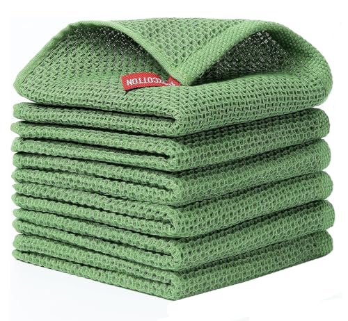 Image of Cotton Kitchen Dish Cloths, 6 Pack Super Absorbent and Lint Free Waffle Weave Dish Towels, Fast Drying Dish Rags for Washing Dishes, 13.4 X 13.4 Inch, Black (Green, Pack of 6)