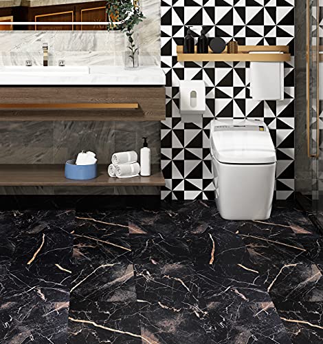 FunStick 30 Stück PVC Bodenbelag Selbstklebend Marmor Schwarz 30X30CM Bad Fliesenaufkleber Wasserfest Für Boden Vinyl Bodenfliesen Selbstklebend Für Badezimmer Klebefliesen Schwarz Gold Vinylboden