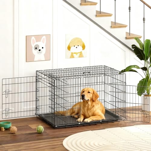 BestOffice Hundekäfig, klappbar, mit 2 Türen, ausziehbar Kunststofftablett und Griff, Hundetransportbox für Reisen, 107x69x76cm, XL, Transportbox- Haustiere, Innen und Außenbereich, Schwarz