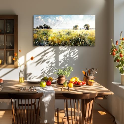 SERIMINO Spring Canvas Wall Art, Nature Landscape Rustic Home Decor Large Artwork, Green Grassland Wildflower Art Prints, Rural Paintings Wall Decor Living Room Bedroom Dining Room 24X48 Inch
