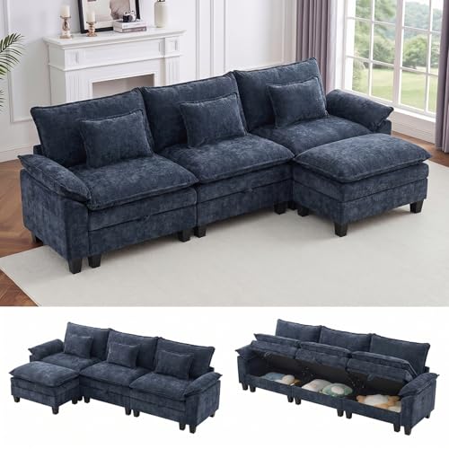 Image of IPKIG 117 inch Modular Cloud Couch with Storage, L Shaped Sectional Sofa with Ottoman & Pillow, Chenille Deep Seat Sectional Couches for Living Room, Apartment, Blue