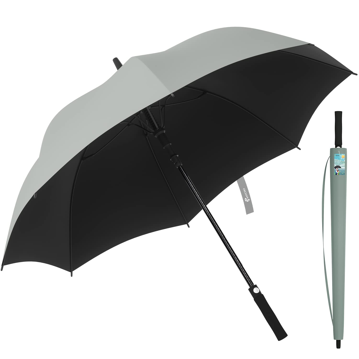 ANYCHO60inch Big Umbrella for man, Auto Open Golf Rain Umbrella with cover, Windproof, Waterproof and UV Protection Umbrella Big Size for 2-3 Men, Women and Family (Black), Grey, Large