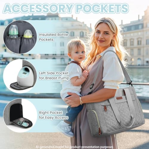 Image of Pritent Diaper Bag Tote for Working Mom, Large Travel Diaper Tote for Mom and Dad with 14 Inch Laptop Sleeve, Mommy Maternity Travel Baby Bag for Boys and Girls, Grey