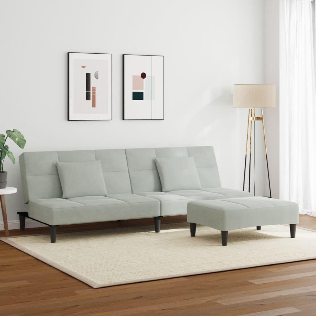 Sofa do spania 2-osobowa z podnóżkiem, jasnoszary aksamit, funkcja przekształcania, wytrzymała drewniana rama, do salonu i pokoju gościnnego, łącznie z poduszkami