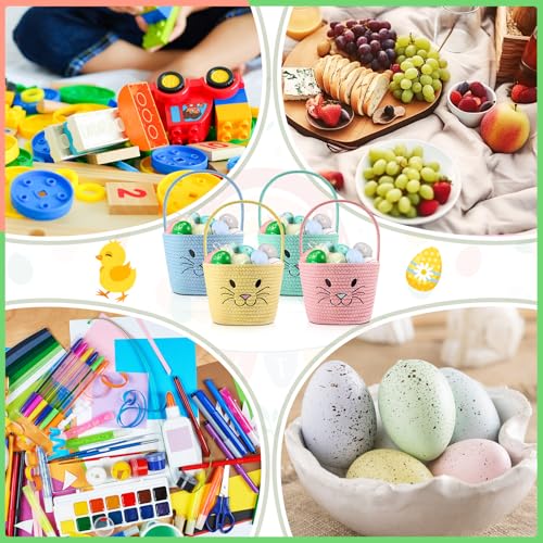 Image of Teenyyou 4 Pack Easter Basket Woven Bunny Baskets with Handles Eggs Hunt Bucket Rabbit Cotton Rope Tote for Baby's First Easter Basket Gift for Baby Toddler Boys Girls(Vivid)