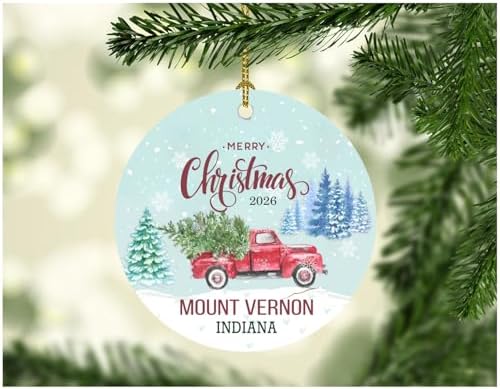 Christmas Ornament 2026 for Mount Vernon Indiana City State Christmas Tree Decoration Red Vintage Truck Holiday Keepsake Travel Souvenir Gift 3" White image 2