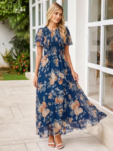 Image of Simplee Womens Casual Floral Summer Maxi Dress 2026 Boho Flowy Short Sleeve Crew Neck Vacation Smocked Chiffon Dresses