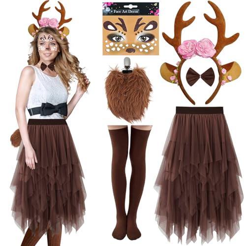 Costume de chevreuil pour femme - Jupe en tulle marron longue avec bois de cerf - Serre-tête - Chaussettes de tatouage - Costume de renne - Costume de renne adulte - Costume de carnaval pour femme -