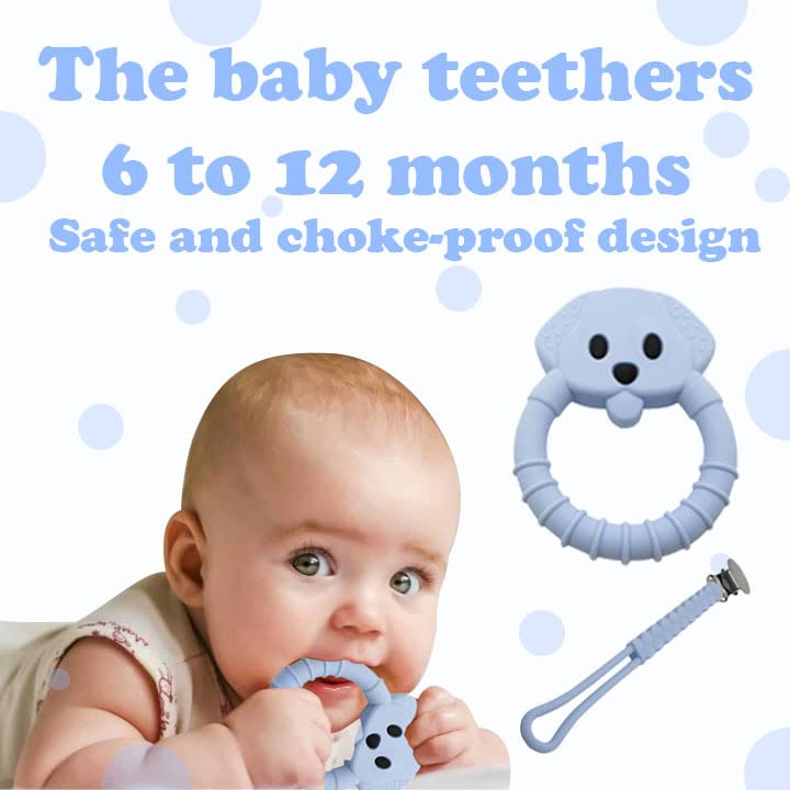 Miniatura 3 de Juego de juguetes de dentición para bebé, incluye clip para chupete azul y mordedor de oso, juguetes masticables de silicona para bebés recién