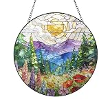 Mountains,Sunrise and Wildflowers Stained Glass Window Hanging Sun Catcher Kit Indoor Window Suncatcher Home Decor for Birthday Gift for Women Men Grandma Friend Daughter Mom 6.3inch