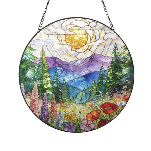 Mountains,Sunrise and Wildflowers Stained Glass Window Hanging Sun Catcher Kit Indoor Window Suncatcher Home Decor for Birthday Gift for Women Men Grandma Friend Daughter Mom 6.3inch