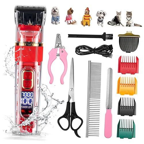 Mikikit 1Set Rechargeable Pet Grooming Clipper Kit Low Noise Cordless Dog Cat Clippers with LED Screen Washable Design Speeds for Easy Grooming