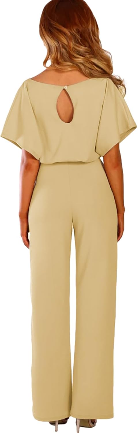amropi Women's Short Sleeve Jumpsuits Belted Wide Leg Long Pant Romper - Image 5