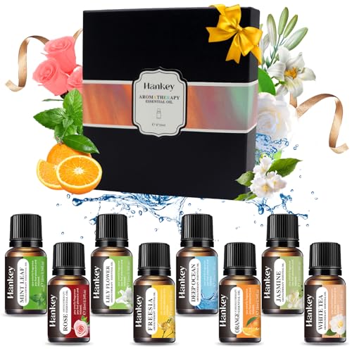 Angozo Lot de 8 huiles essentielles naturelles pures de 10 ml - Pour aromathérapie - Diffuseur de parfum - Humidificateur - Rose Jasmin - Lys - Menthe - Thé blanc - Orange douce - Parfum océanique