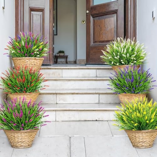 Image of Bassion 24 Bundles Fake Lavender Artificial Flowers for Outdoors, Mixed | UV resistant, plastic lavender with monkey grass, faux plants, home porch garden window box outdoor indoor decorations