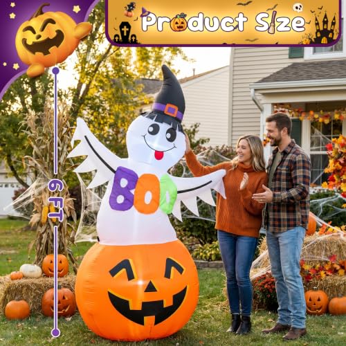 6 FT Halloween Inflatable Ghost Pumpkin with Witch Hat & Boo Sign - image 3
