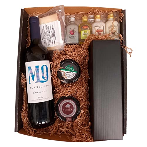 Lote gourmet con vino, cuña de queso de oveja, crema de queso torta, crema de jamón curado, 4 mini licores y set para vinos con forma de botella (3 piezas) en caja de regalo